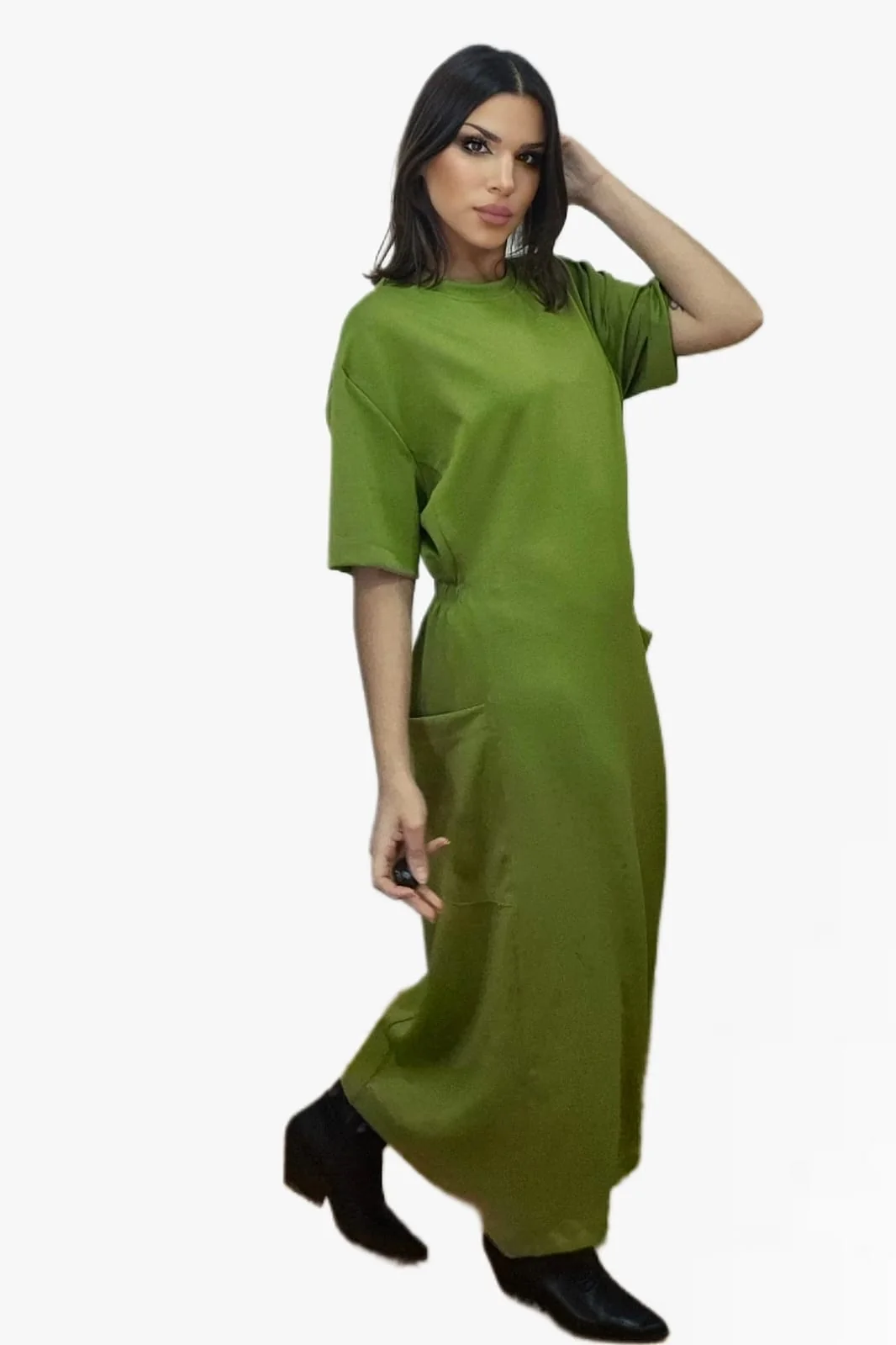 Vestido Bolsillos Engomado Verde - Imagen 3