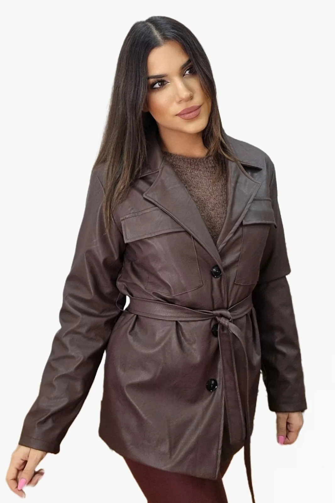 Chaqueta Polipiel Cinturón Marrón - Imagen 5