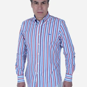 Camisa Hombre Rayas Azul/Rojo H&B