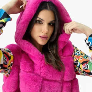 Chaleco Peluche Capucha Fucsia