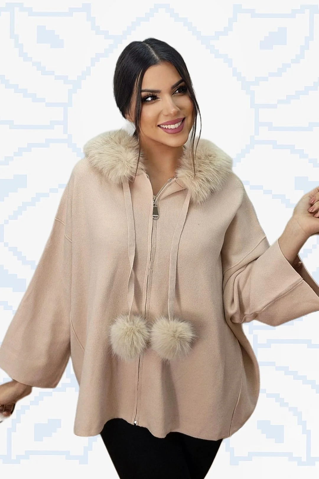 Chaqueta Capucha Pompón Beige - Imagen 3