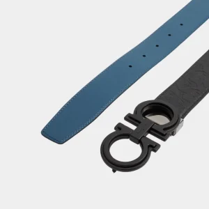 Cinturón Reversible Gancini Azul/Negro en Cuero S.F.