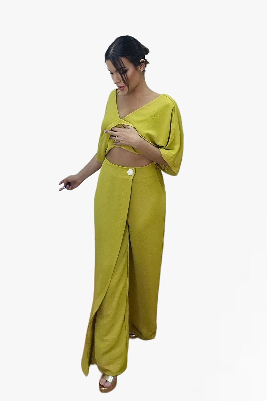 Pantalon Pareo Boton Mostaza - Imagen 4