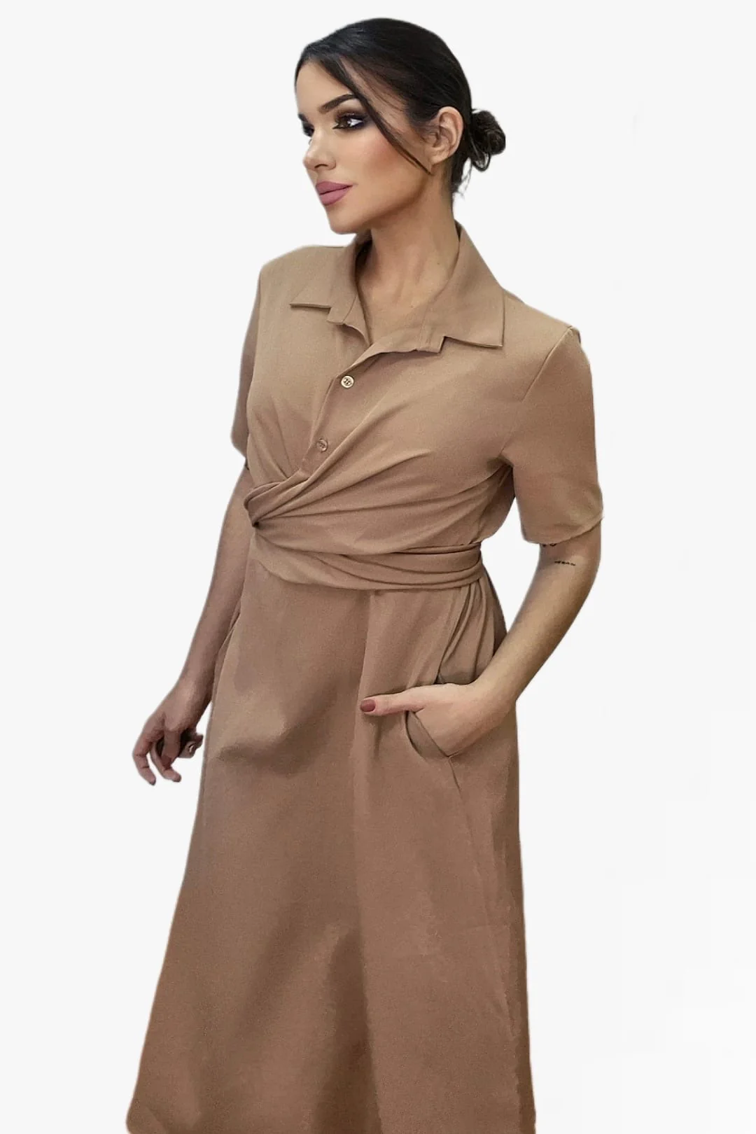 Vestido Escote Cruzado Camel - Imagen 5