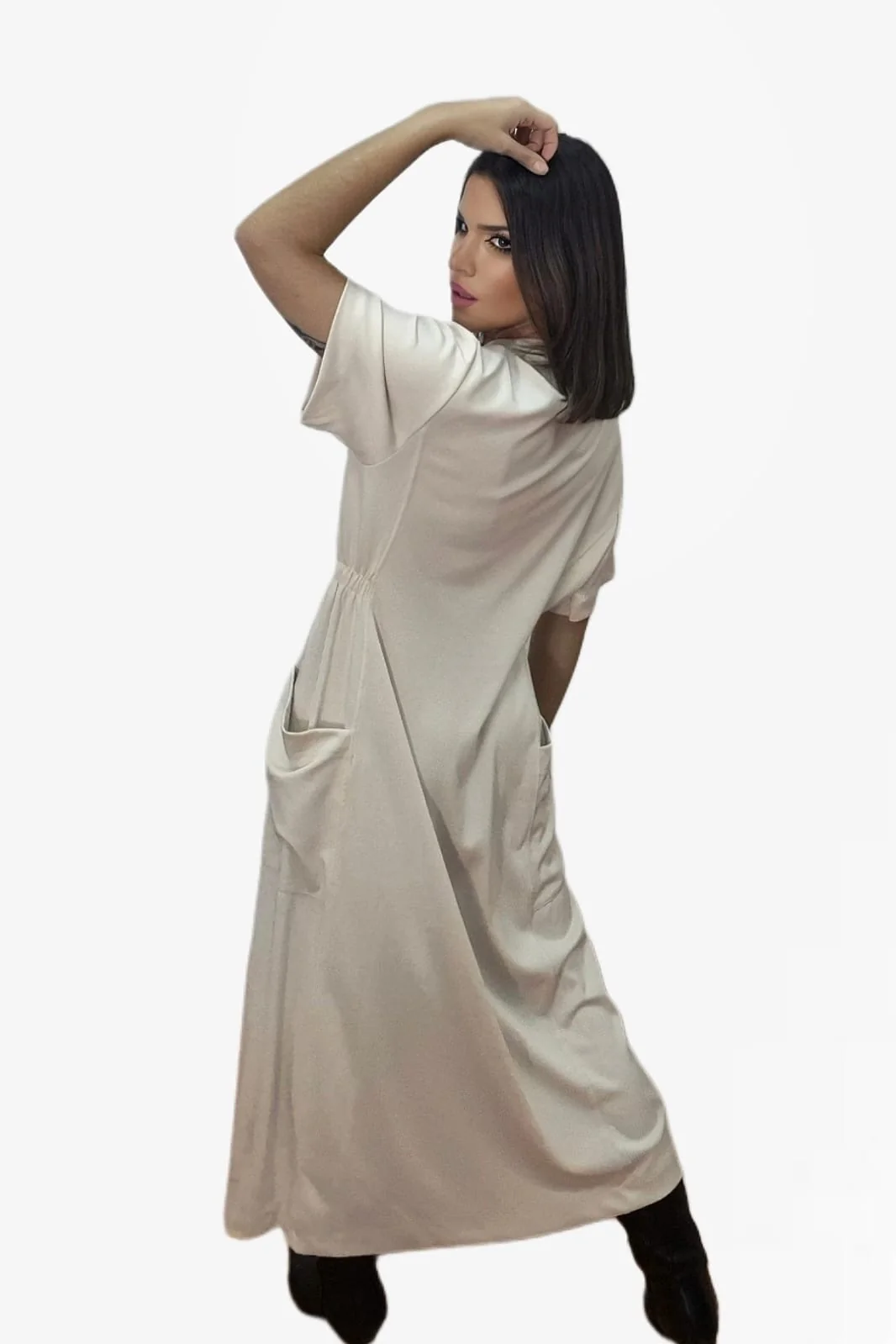 Vestido Bolsillos Engomado Beige - Imagen 4