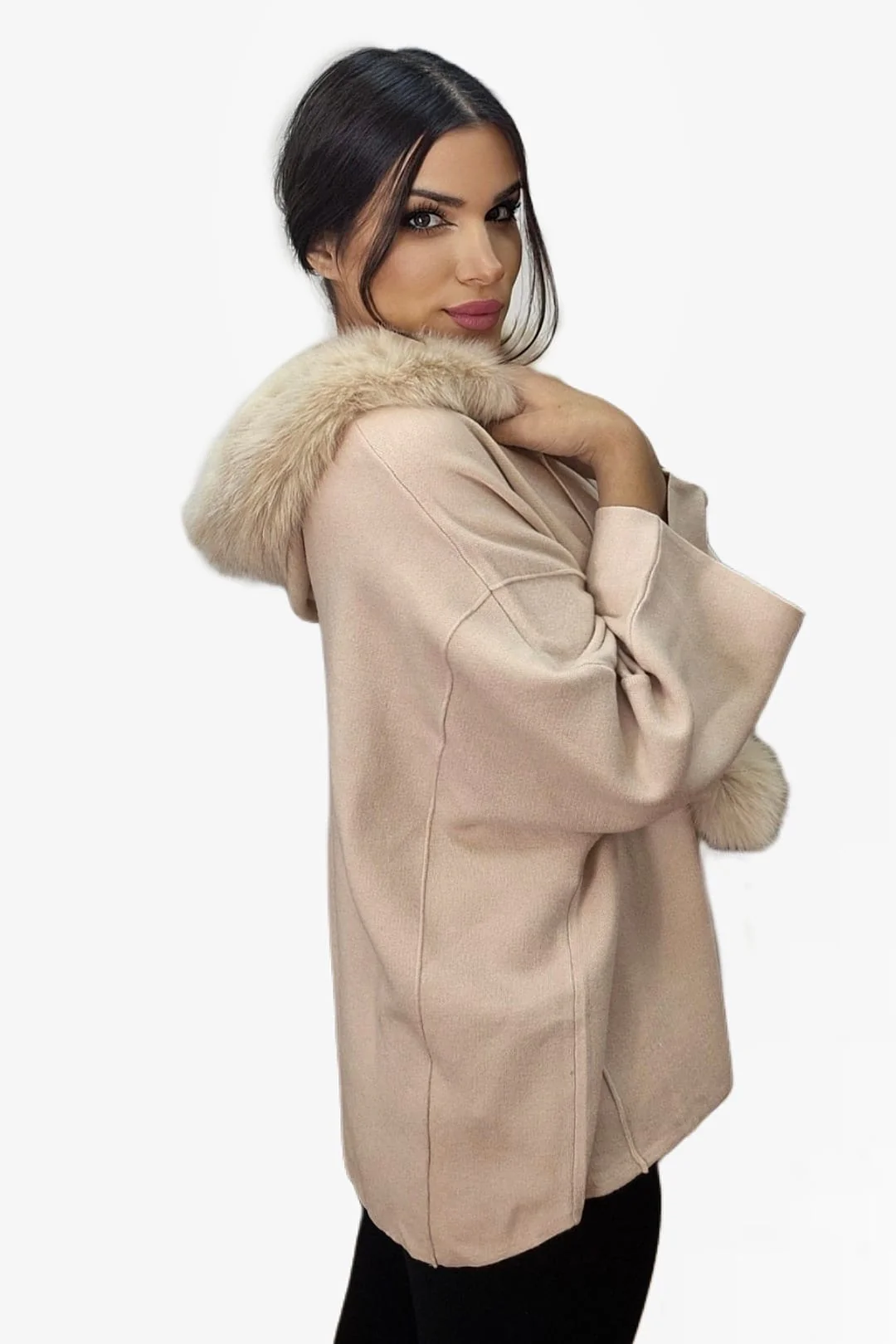 Chaqueta Capucha Pompón Beige - Imagen 7