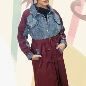 Gabardina Cinturon Combinada Burdeos