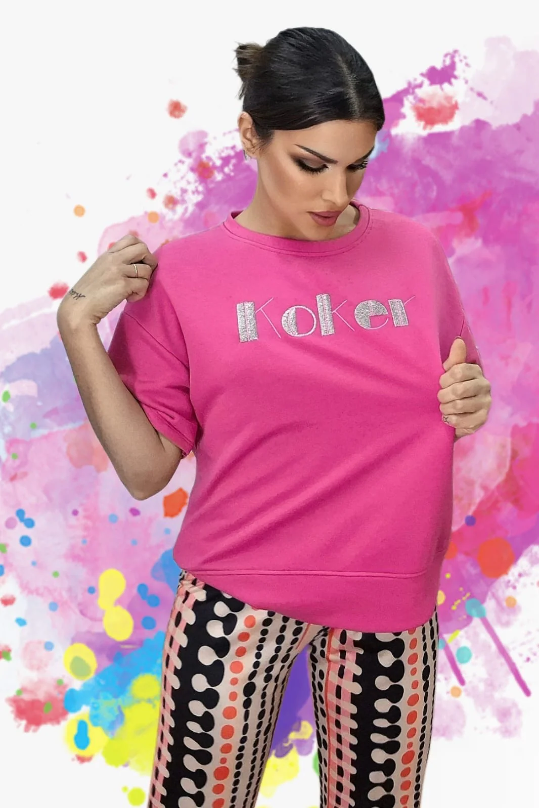 Camiseta Koker Bordado Fucsia
