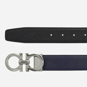 Cinturón Gancini Azul/Negro Reversible en Cuero