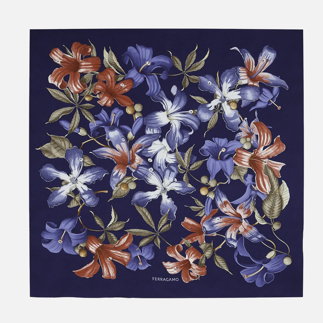 Pañoleta Dama Estampada Azul/Rojo en Seda de Lujo