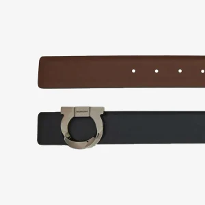 Cinturón Gancini Negro/Café Reversible en Cuero