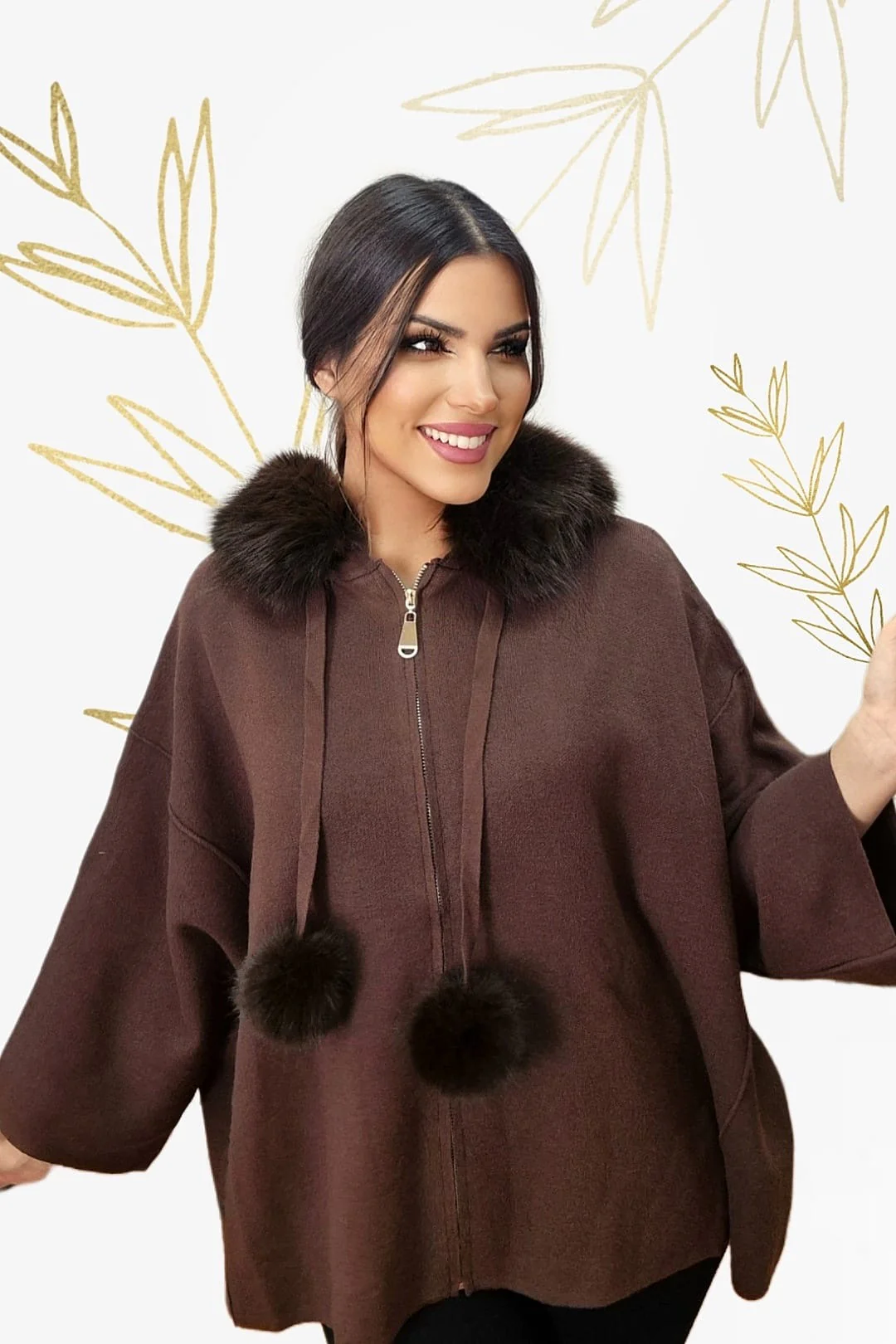 Chaqueta Capucha Pompón Marrón