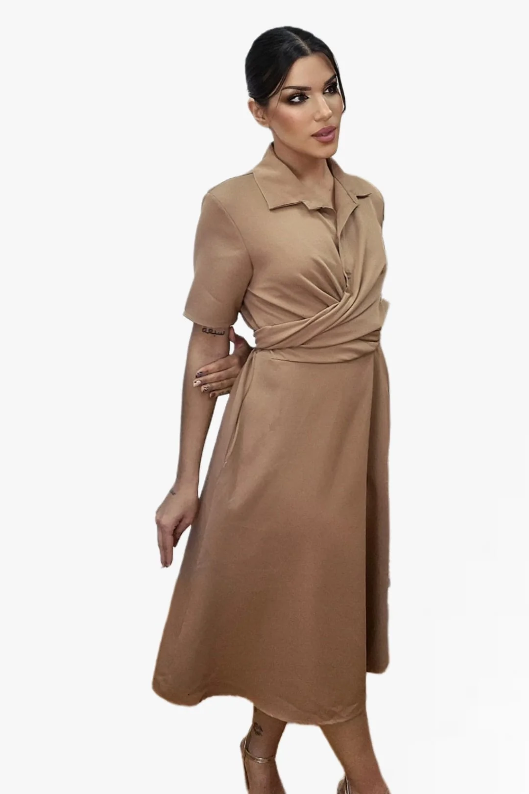 Vestido Escote Cruzado Camel - Imagen 3