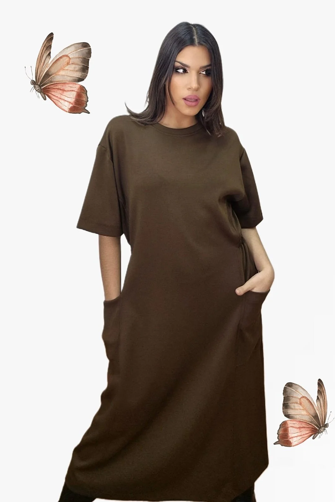 Vestido Bolsillos Engomado Marrón