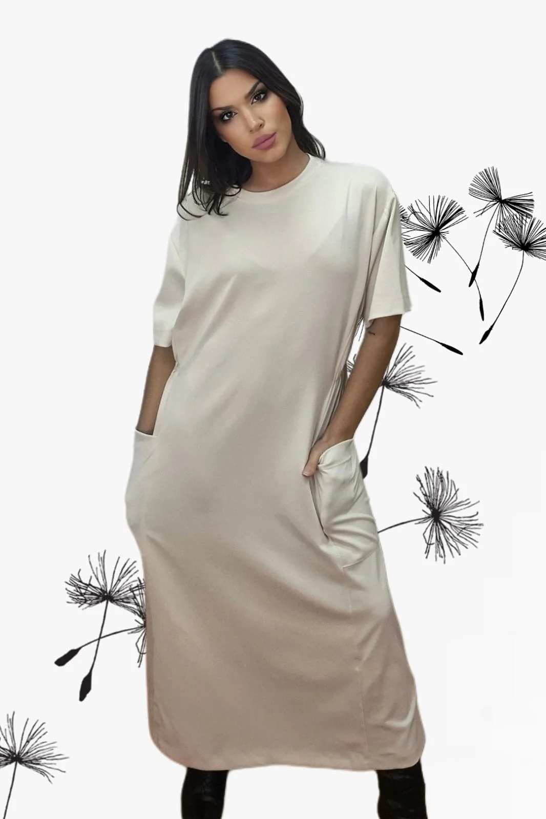 Vestido Bolsillos Engomado Beige