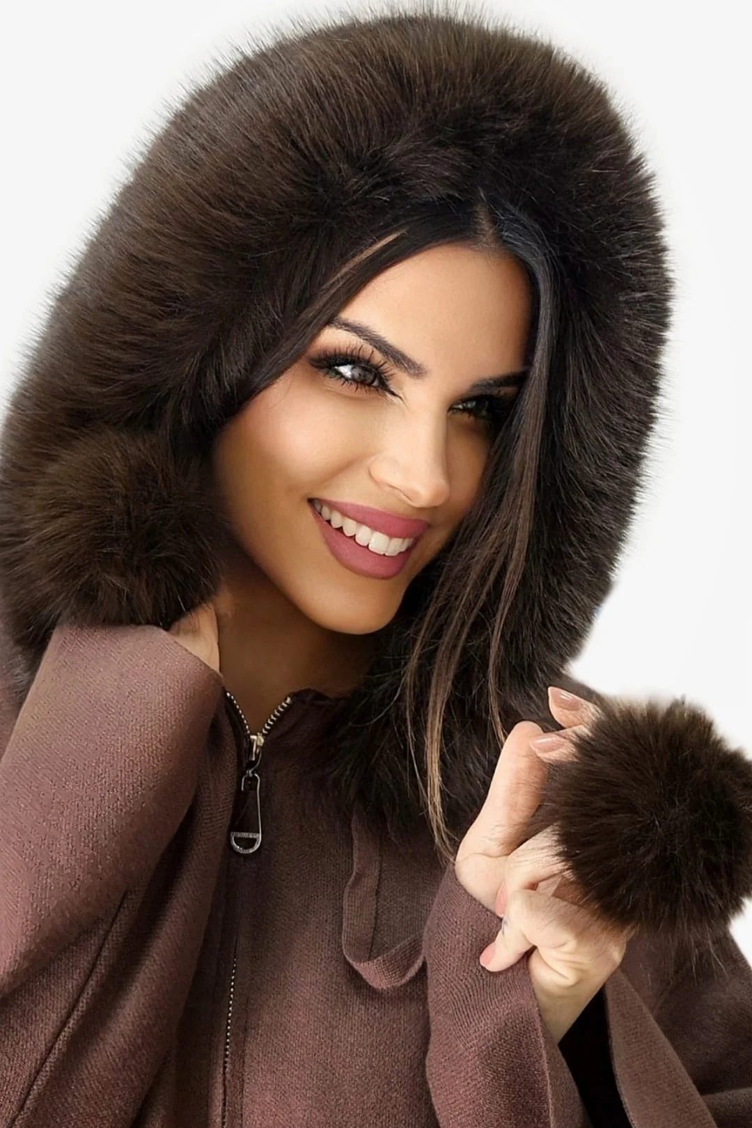 Chaqueta Capucha Pompón Marrón - Imagen 6