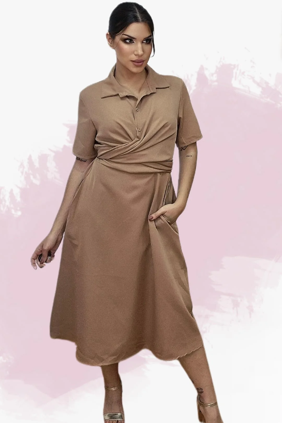 Vestido Escote Cruzado Camel