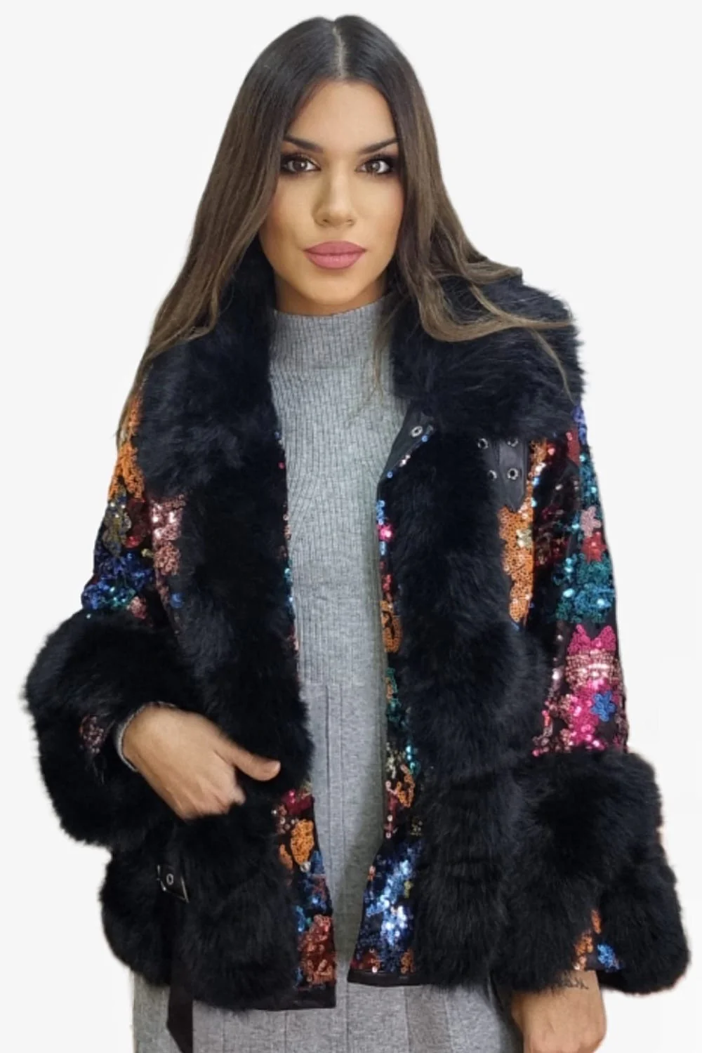 Abrigo Peluche Lentejuela Negro - Imagen 3