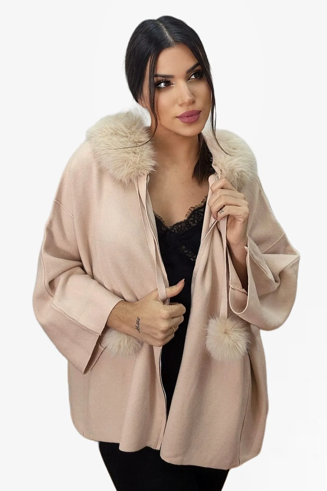 Chaqueta Capucha Pompón Beige - Imagen 5