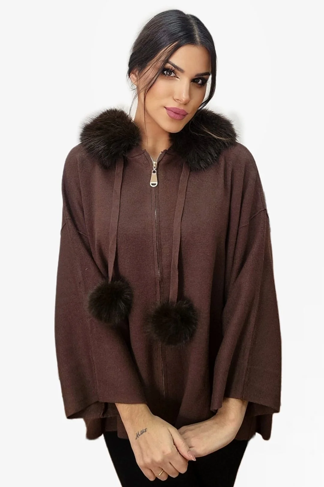 Chaqueta Capucha Pompón Marrón - Imagen 7