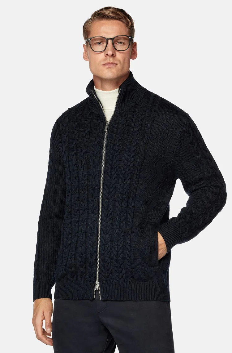 Sweater Azul Marino con Cremallera Completa en Lana B.