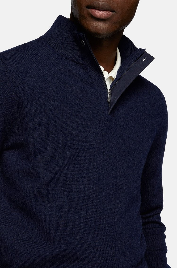 Sweater Halfzip Azul Marino en Lana y Cashmere B.