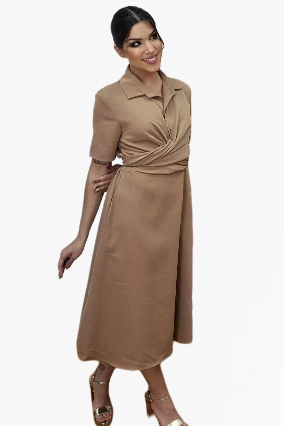 Vestido Escote Cruzado Camel - Imagen 4