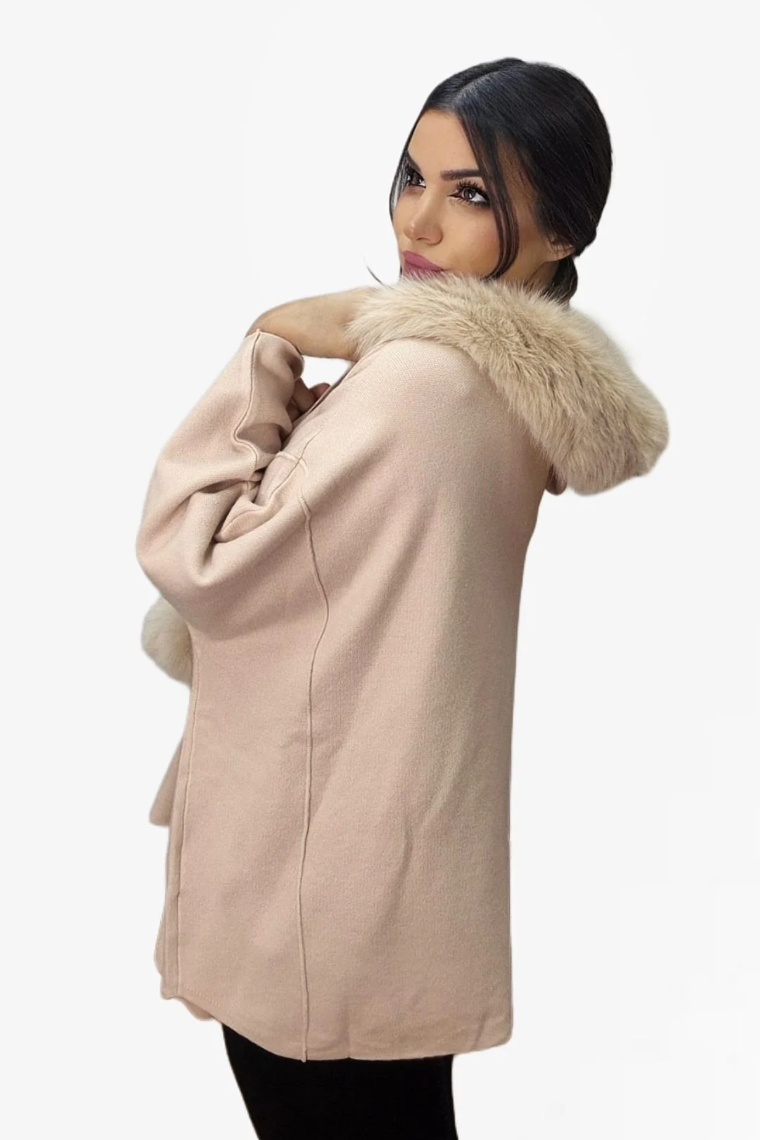Chaqueta Capucha Pompón Beige - Imagen 4