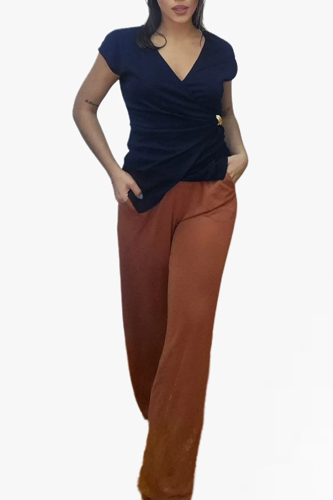 Pantalon Fluido Bolsillos Marrón - Imagen 5