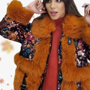 Abrigo Peluche Lentejuela Naranja