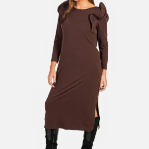 Vestido Punto Volante Hombro Marron